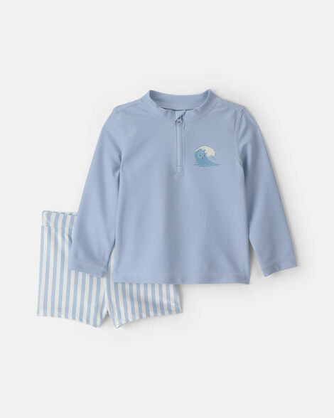 baby boy wave striped rashguard swimsuit set - blue