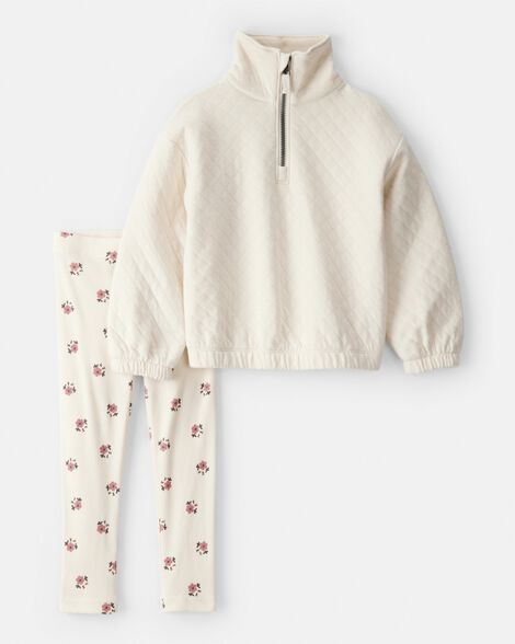 toddler girl quilted quarter-zip & floral legging set - cream