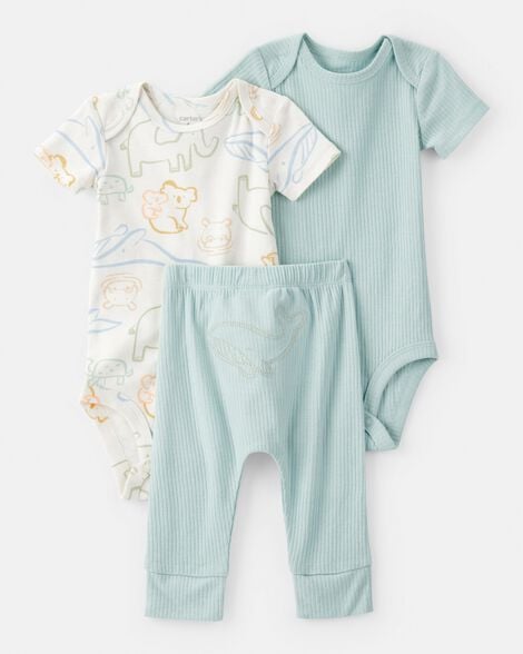 baby 3-piece animal bodysuits & pant set - blue/white