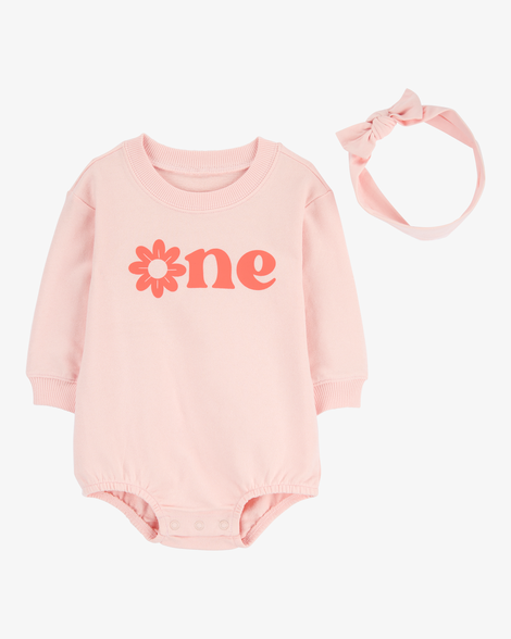 baby girl 2-piece birthday bubble & headwrap set - pink