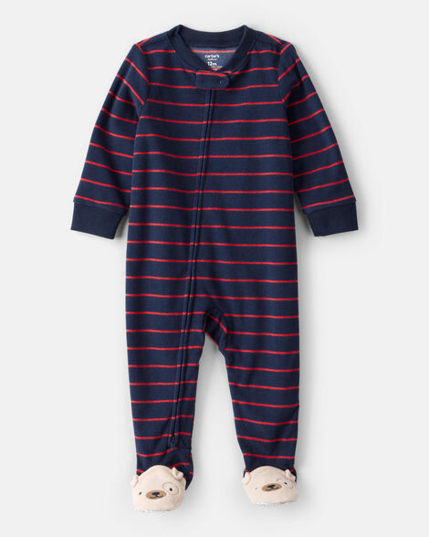 baby boy dog striped fleece loose fit 1-piece pajamas - navy