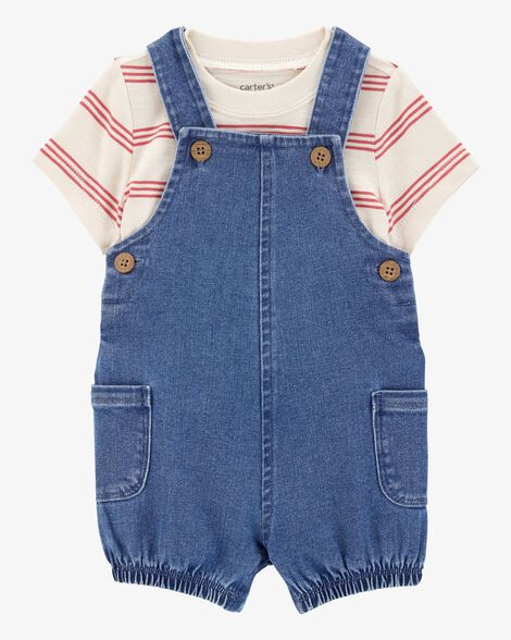  Product image 1 of Baby 2-Piece Striped Tee & Denim Shortall Set - Navy/Ivory