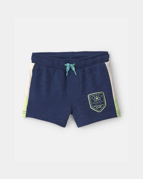 baby boy dinosaur soccer french terry shorts - navy blue