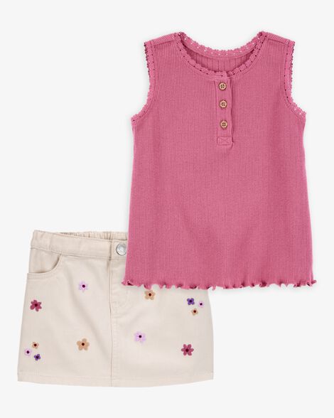 Product image 1 of Toddler 2-Piece Rib Tank Top & Floral Twill Skirt Set - Pink/Ivory