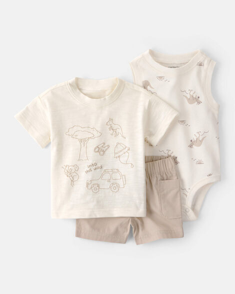 baby boy 3-piece into the wild top, bodysuit & short set - ivory/brown