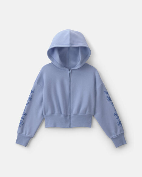 girls floral fleece zip-up hoodie - blue