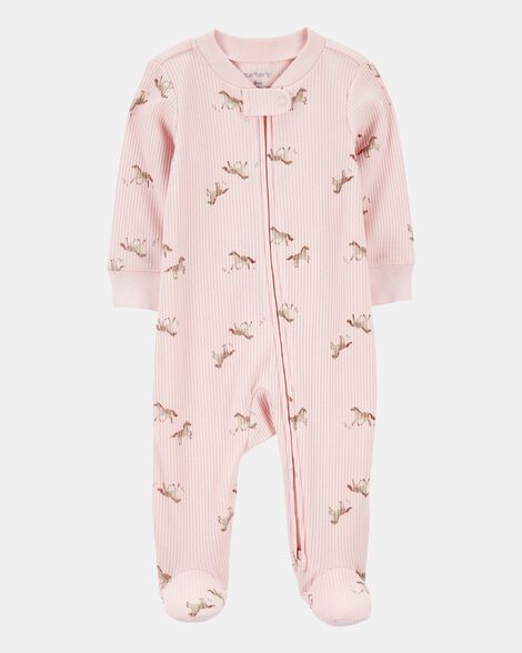 baby girl horse print 2-way zip ribbed sleep & play pajamas - pink