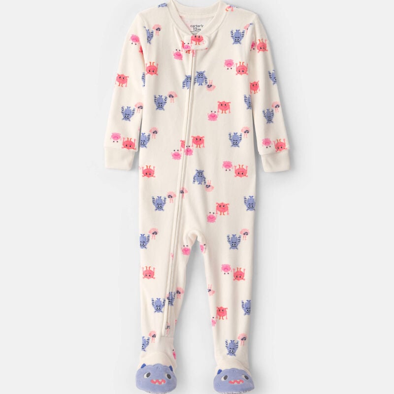 Baby Girl 1-Piece Monster 2-Way Zip DreamPlush Snug Fit Footed Pajama - Cream