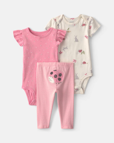 baby girl 3-piece ladybug bodysuits & pant set - pink/cream