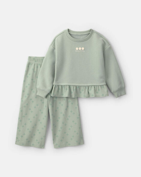 baby girl 2-piece flower fleece long-sleeve top & pant set - green