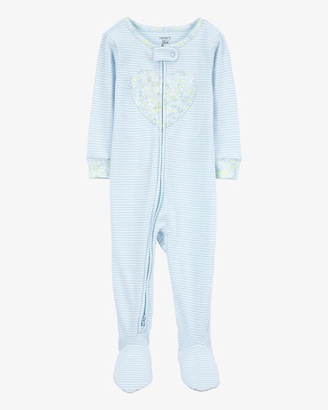  Product image 1 of Baby Heart Striped Snug Fit Cotton Footie 1-Piece Pajamas - Blue
