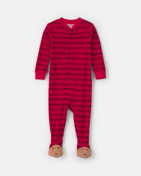 toddler 1-piece striped reindeer 100% cotton snug fit footed pajama - red