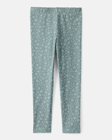 girls floral cotton pull-on stretch leggings - green