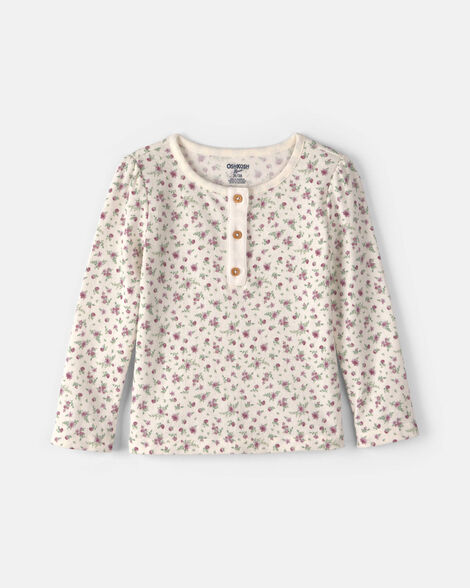 Toddler Girl Floral Henley Top - Ivory