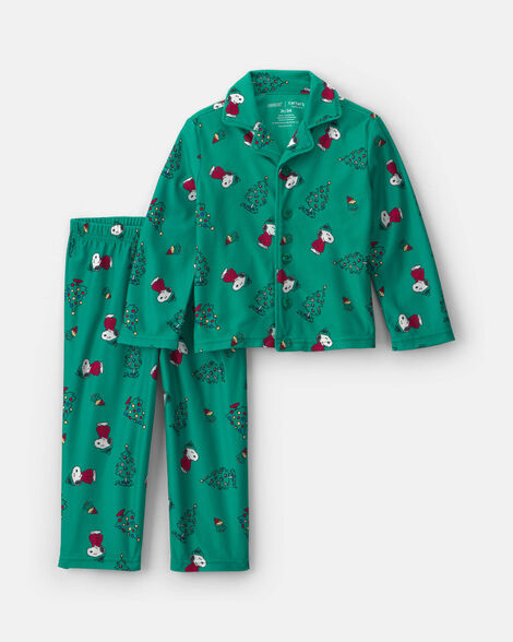 toddler 2-piece snoopy christmas fleece loose fit pajama set - green
