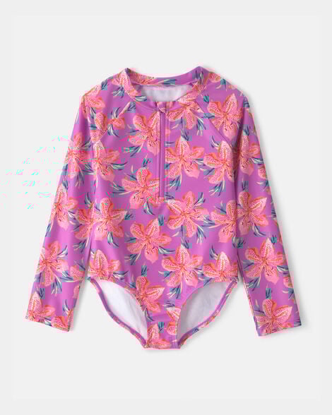 Girls Tropical Floral Rashguard Swimsuit - Purple