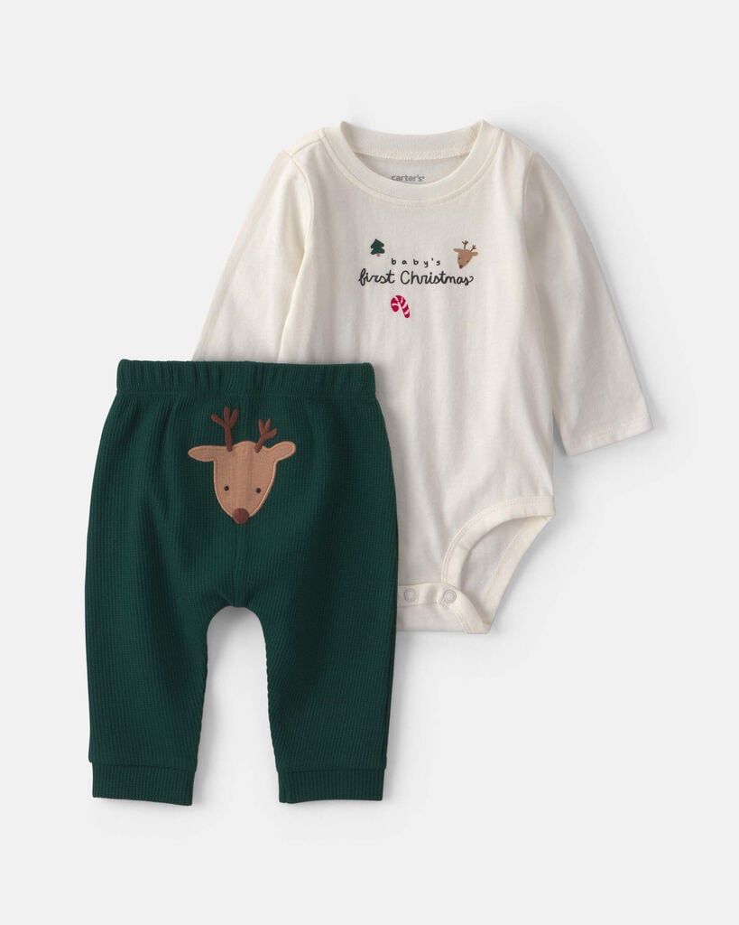 Carter's Baby Boys' and Baby Girls' Baby's First Christmas Bodysuit and Pants, 2-Piece Set - Ivory/Green