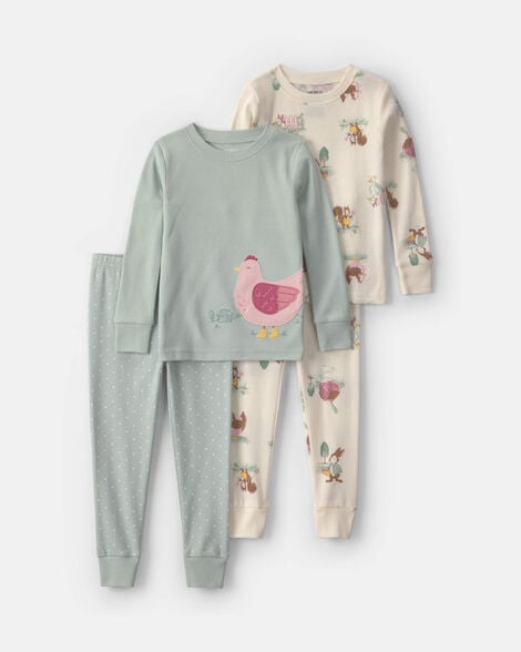 baby girl 4-piece country chicken 100% cotton snug fit pajama set - blue/cream