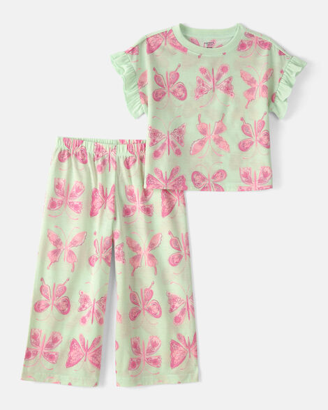 toddler girl butterfly loose fit 2-piece pajama set - green