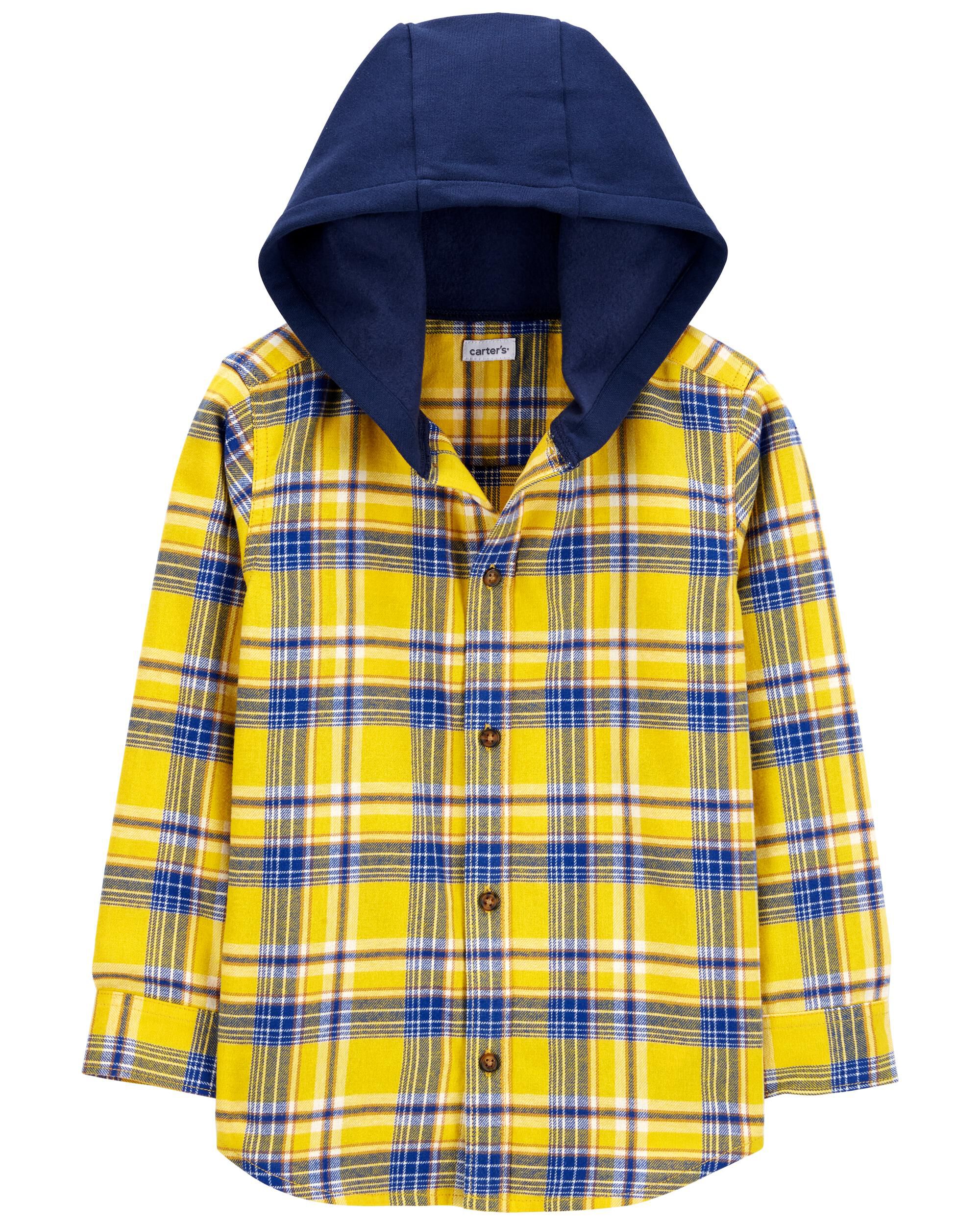 Yellow/Navy Plaid Button-Front Hooded