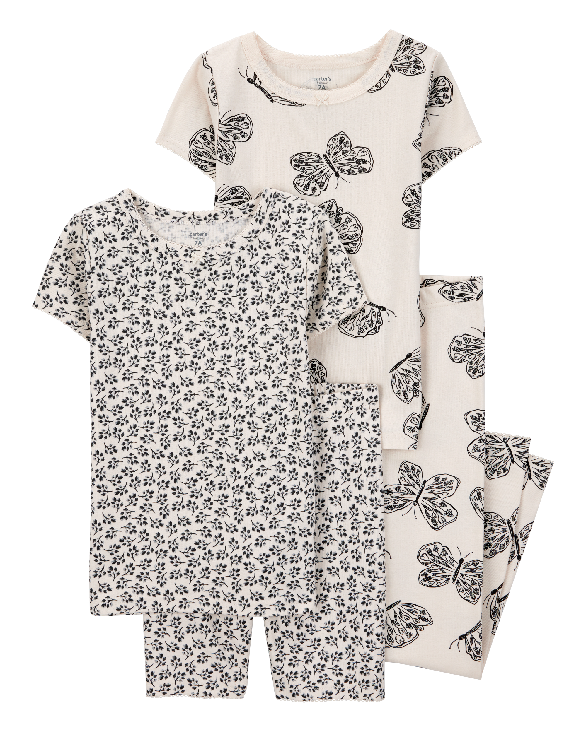 Girls 4-Piece Butterfly 100% Snug Fit Cotton Pajamas - Black/White