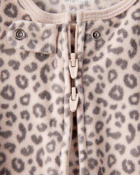 Baby Girl Leopard Print Loose Fit Long-Sleeve 2-Way Zip Sleep & Play Pajamas - Brown