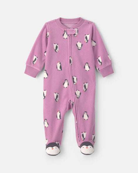 baby girl penguin fleece 2-way zip sleep & play pajamas - purple
