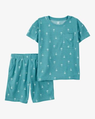 Product image 1 of Kid Palm Tree Print Loose Fit Waffle Knit 2-Piece Pajamas - Turquoise