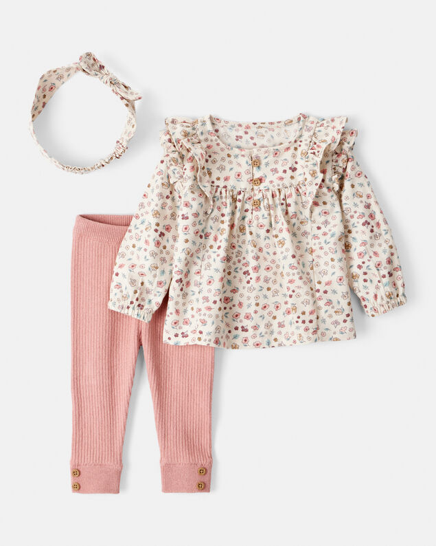 Product image 1 of Baby Girl 3-Piece Cotton Tee & Pant Set - Pink