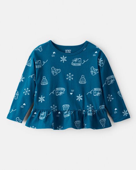 toddler girl winter print long-sleeve peplum top - blue