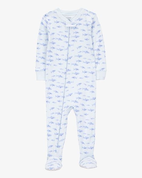 Toddler Boy 1-Piece Shark 100% Snug Fit Cotton Footie Pajamas - White/Blue