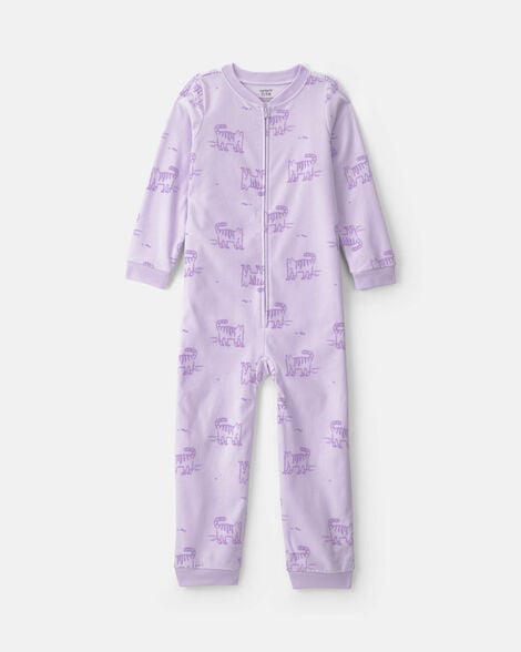 girls 1-piece roller skating cat fleece loose fit pajama - purple