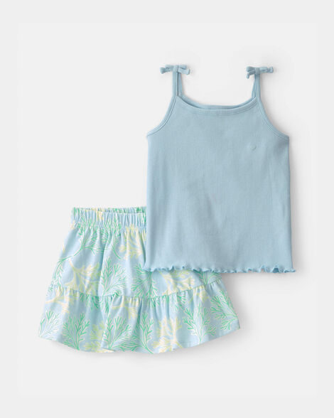 toddler girl 2-piece tropical floral tank top & skirt set - blue