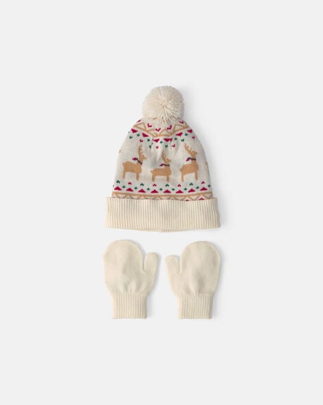 baby 2-piece fair isle christmas beanie & glove set - cream
