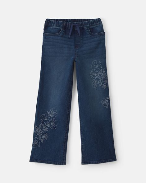Girls Floral Denim Wide-Leg Jeans - Dark Wash