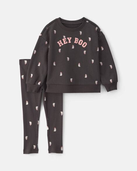 toddler girl halloween 'hey boo' french terry pullover & pant set - black