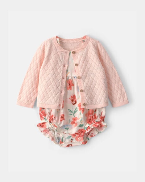 baby girl 2-piece floral cardigan & bubble set - pink