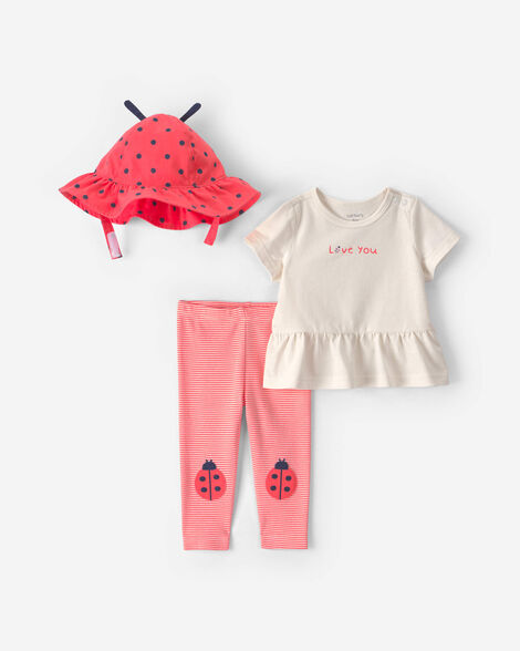 baby girl 3-piece 'love you' ladybug top & pant set - red/cream