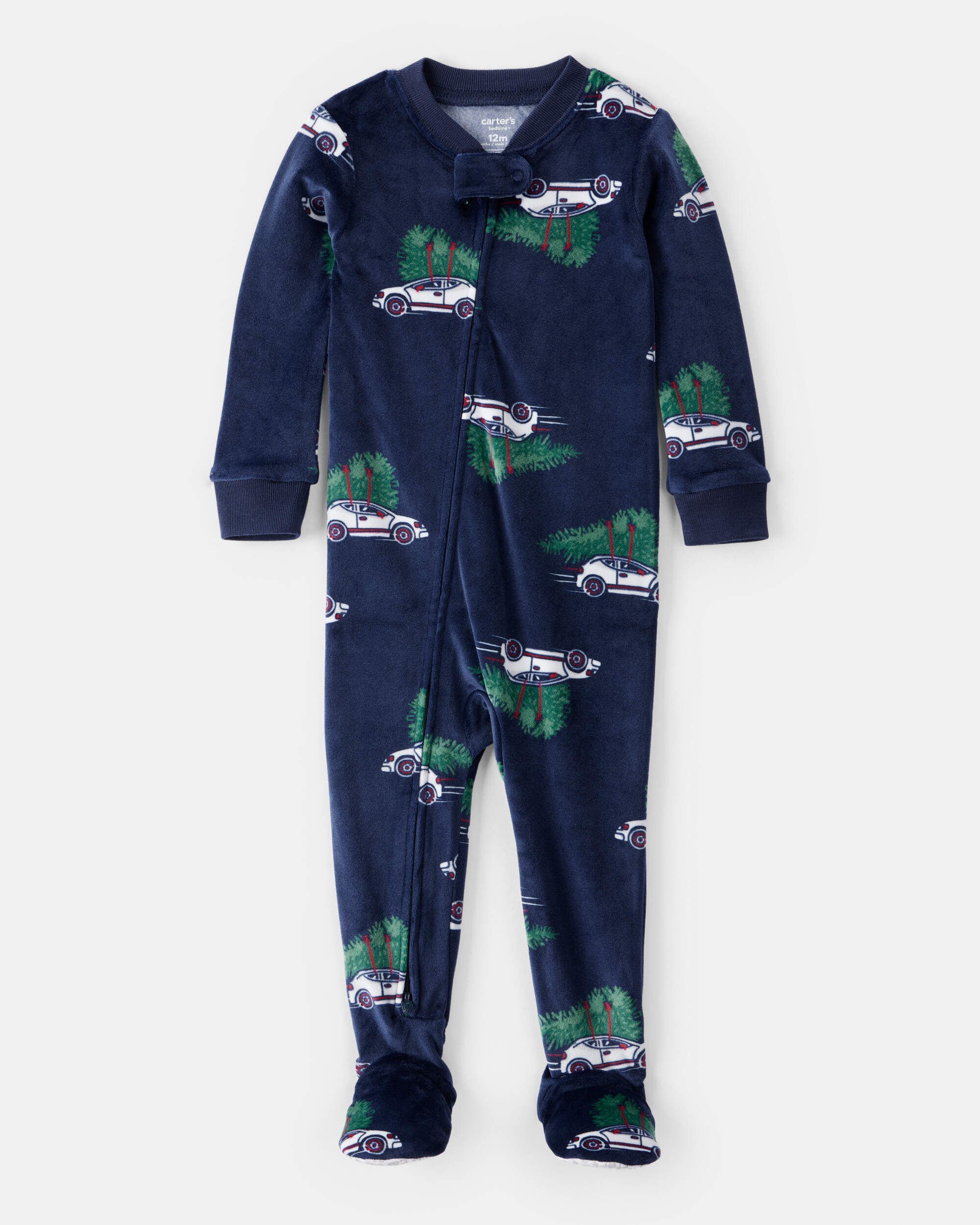 Toddler Christmas Cars Velour Long-Sleeve Snug Fit 1-Piece Pajamas - Navy