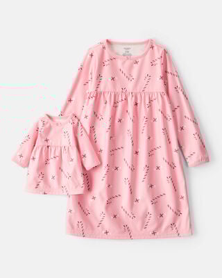 Girls 2-Piece Pink Peppermints Long-Sleeve Loose Fit Night Gown & Matching Doll Gown - Pink