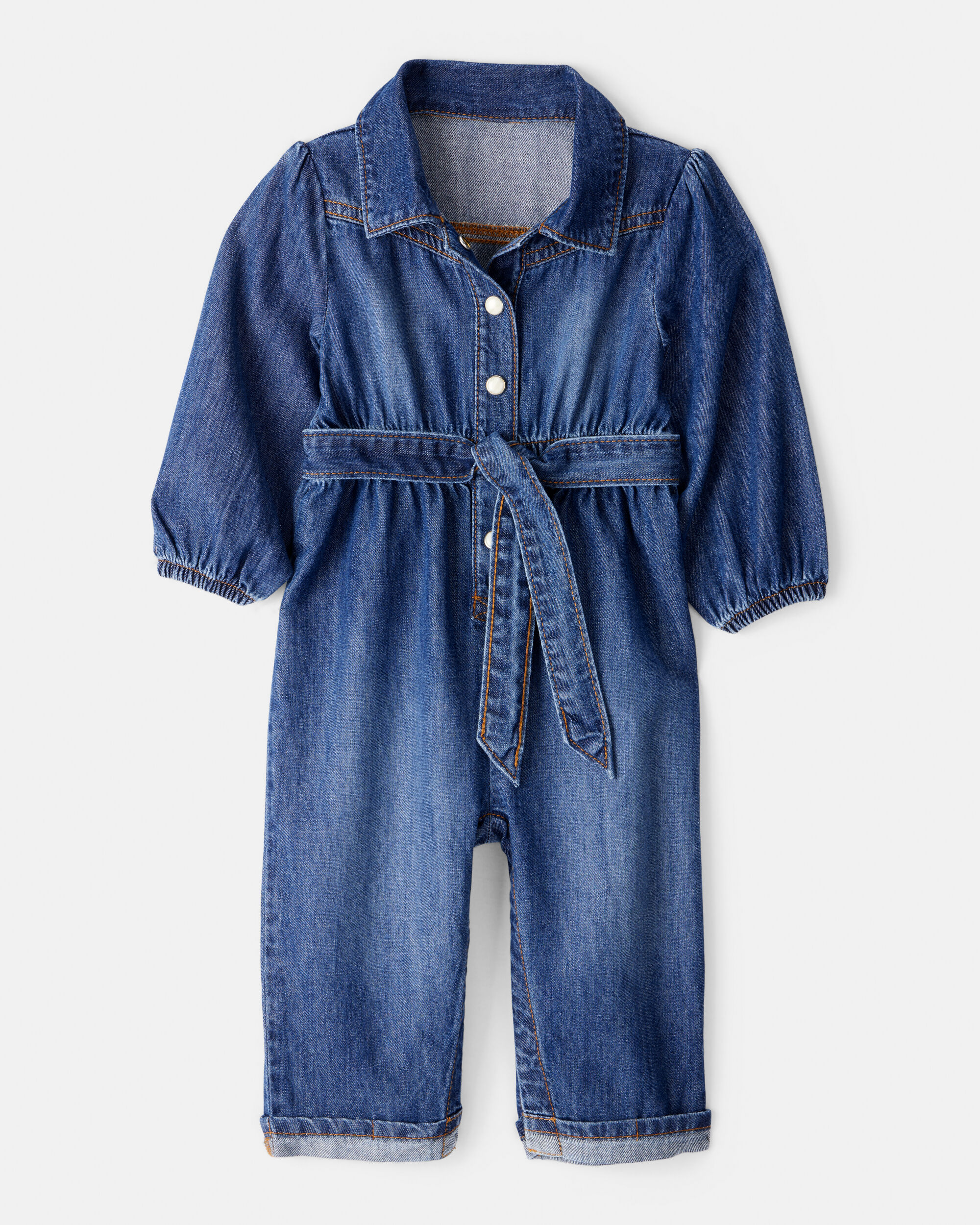 Baby Girl Denim Cotton Long-Sleeve Jumpsuit - Smokey Wash