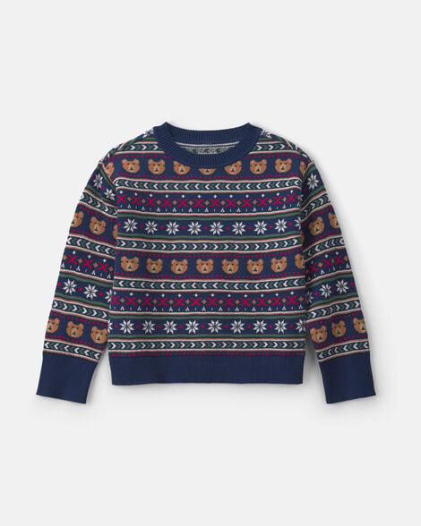 Kids Bear Fair Isle Sweater - Navy Blue