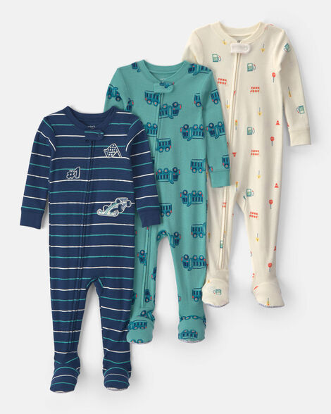 baby boy 3-pack racecar 100% cotton 1-piece pajama sets - green/blue/cream