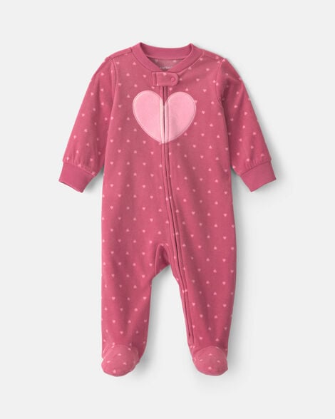 baby girl heart fleece 2-way zip sleep & play pajamas - pink