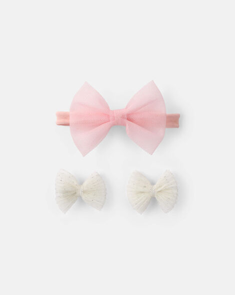 baby girl 3-pack bow headwrap & hair clips - pink/cream