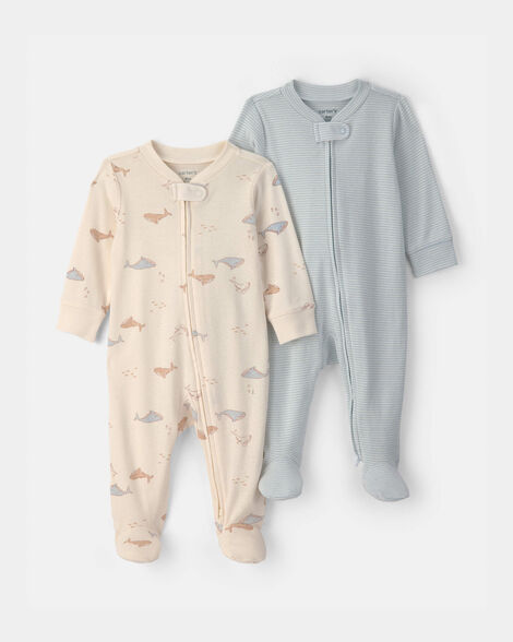 baby 2-pack whale striped 100% cotton 2-way zip sleep & play pajamas - blue/ivory