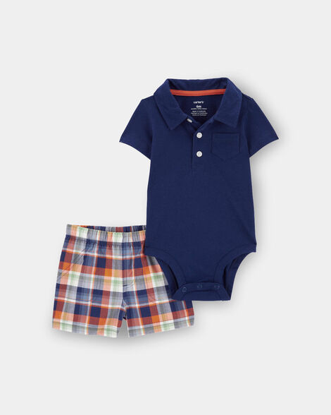 baby boy plaid polo shirt & short set - navy blue