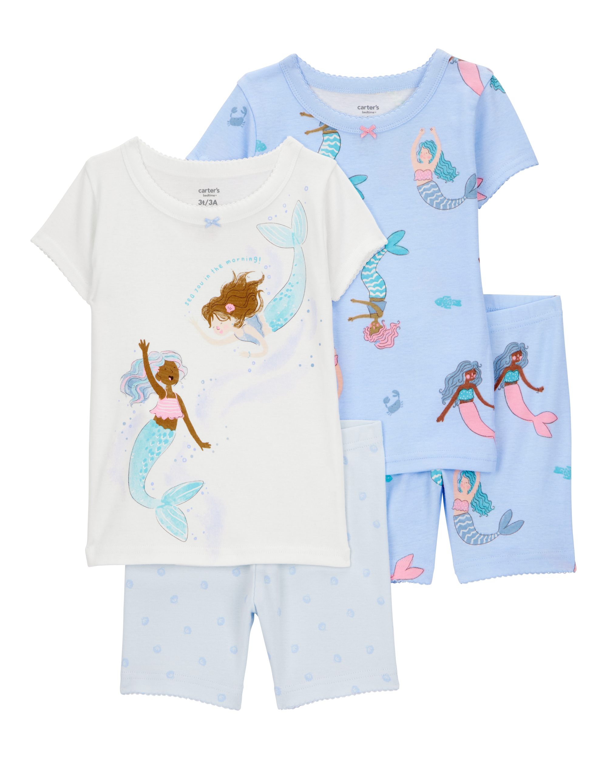 Toddler Mermaid Print Snug Fit Cotton 4-Piece Pajamas