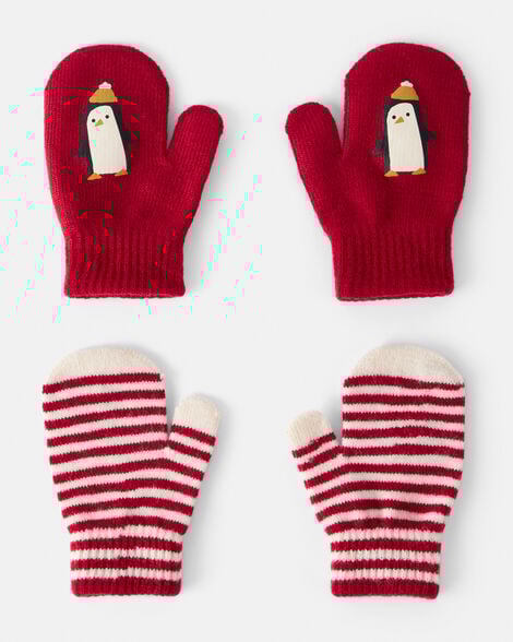 toddler boy 2-pack penguin striped winter mittens - red