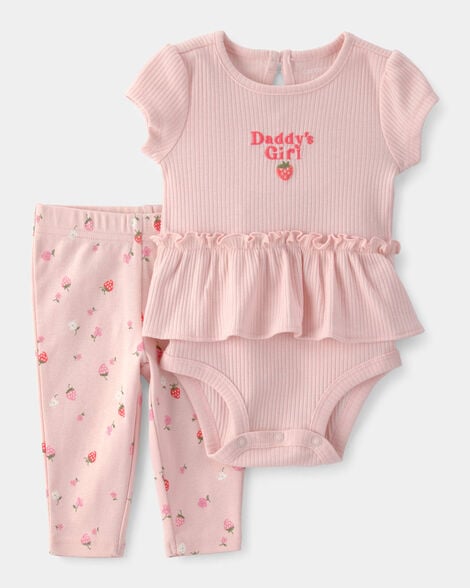 baby girl 'daddy's girl' strawberry short sleeve bodysuit & pant set - pink